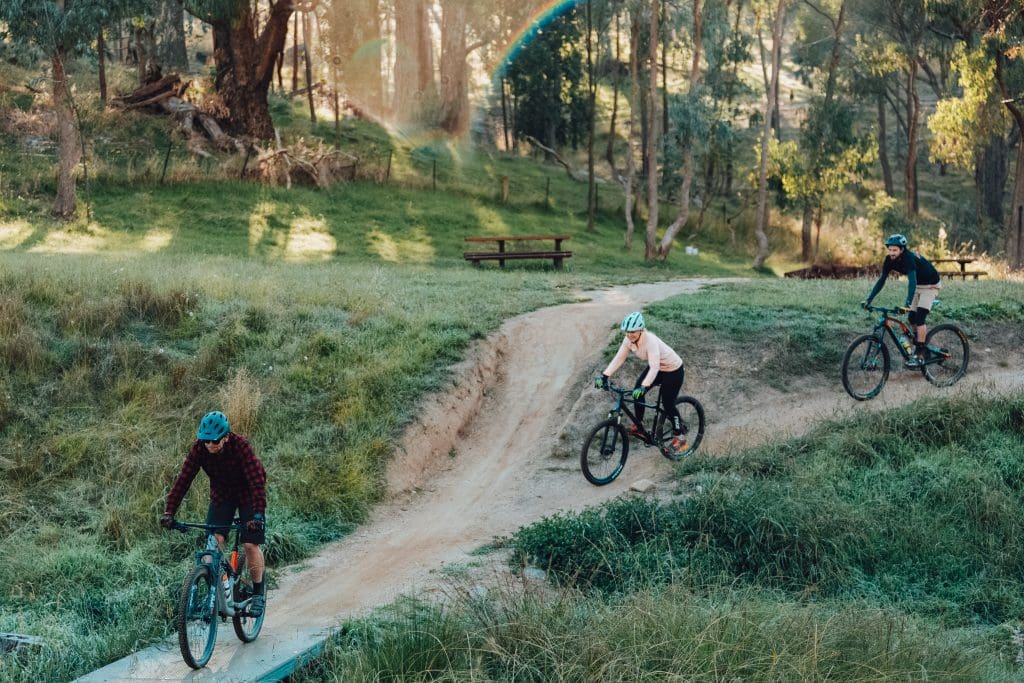 A group of friends mountain biking